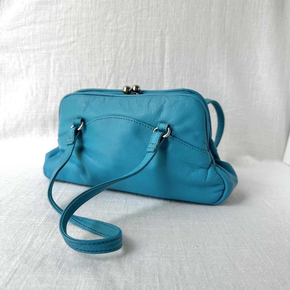 Solas Turquoise Blue Leather Kiss Lock Shoulder Bag Y2K Lighted Purse